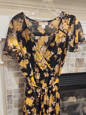 Band of Gypsies Black Floral Faux Wrap Midi Dress with Yellow and Pink Blossoms